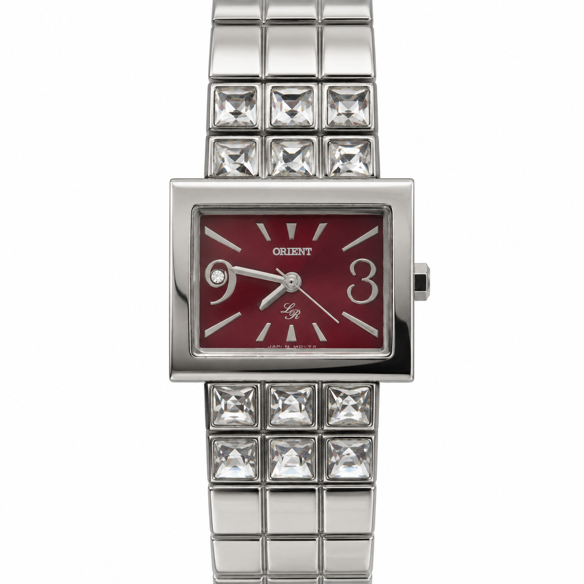 Orologio Orient con cassa rettangolare color argento, quadrante bordeaux e bracciale con inserti quadrati sfaccettati luminosi