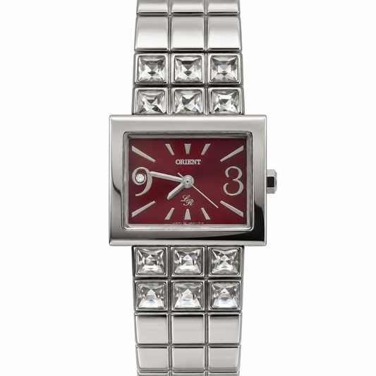 Orologio Orient con cassa rettangolare color argento, quadrante bordeaux e bracciale con inserti quadrati sfaccettati luminosi