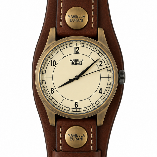 Mariella Burani – Orologio Unisex Stile Aviatore Cassa Bronzo Quadrante Crema Maxi Cuff Cuoio Borchie