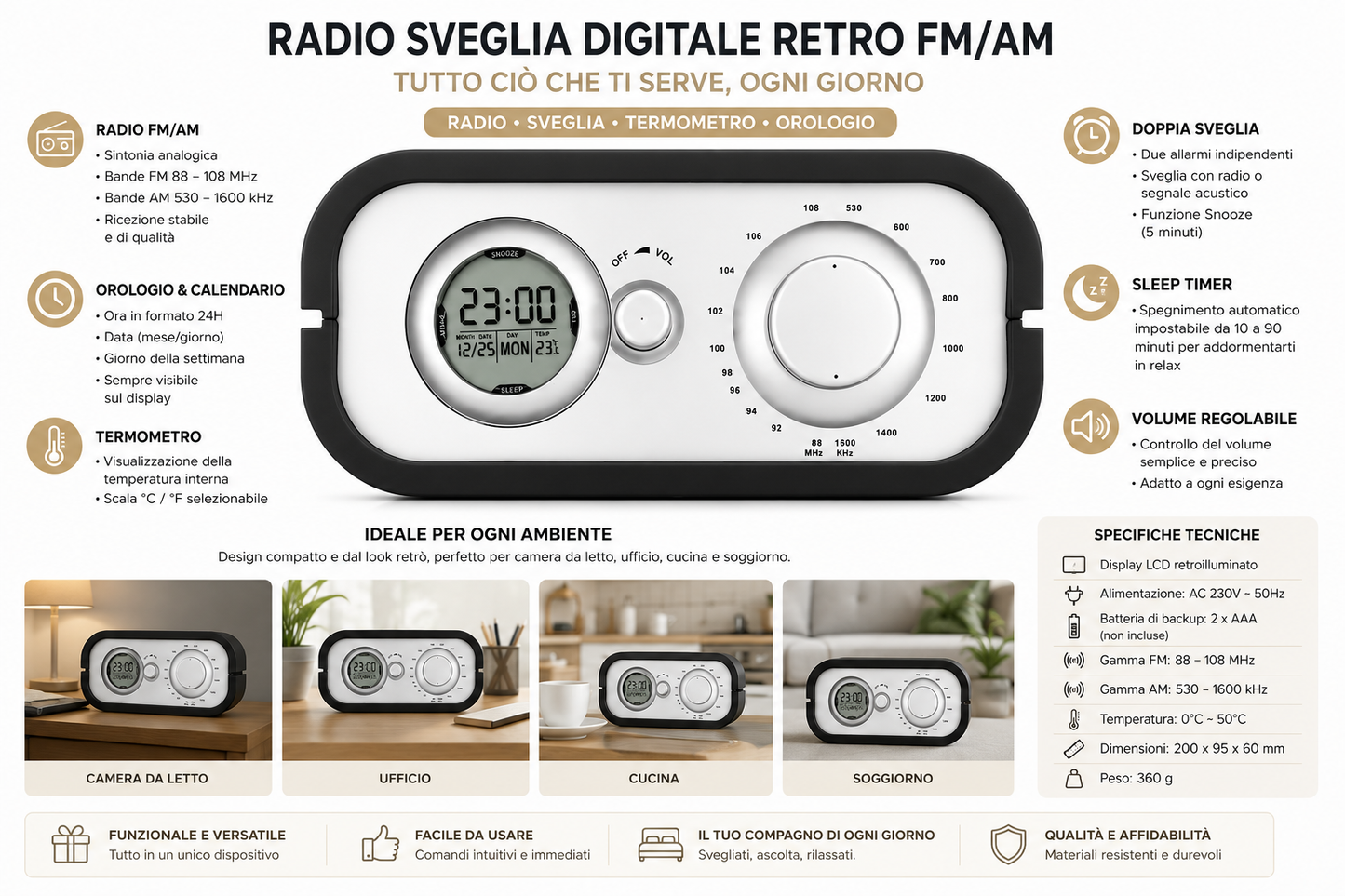 Radio Sveglia Digitale Retrò – FM/AM con Termometro e Display LCD