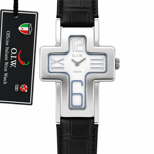 O.I.W. Cross – Orologio Unisex Cassa a Croce Quadrante Bianco Cinturino Pelle Nera