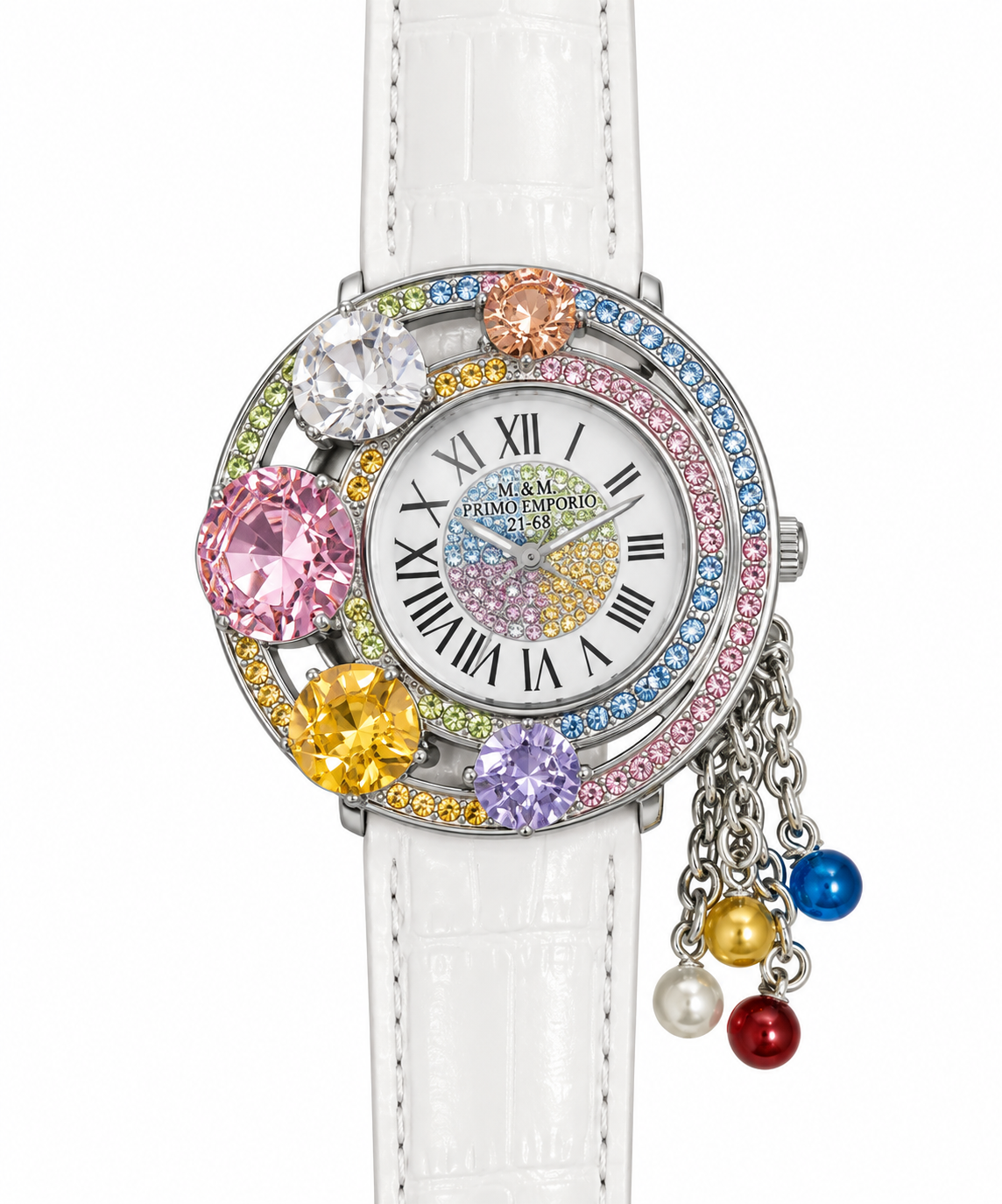 M.&M. Primo Emporio 21-68 orologio donna gioiello cristalli multicolor charm pendenti cinturino pelle bianca