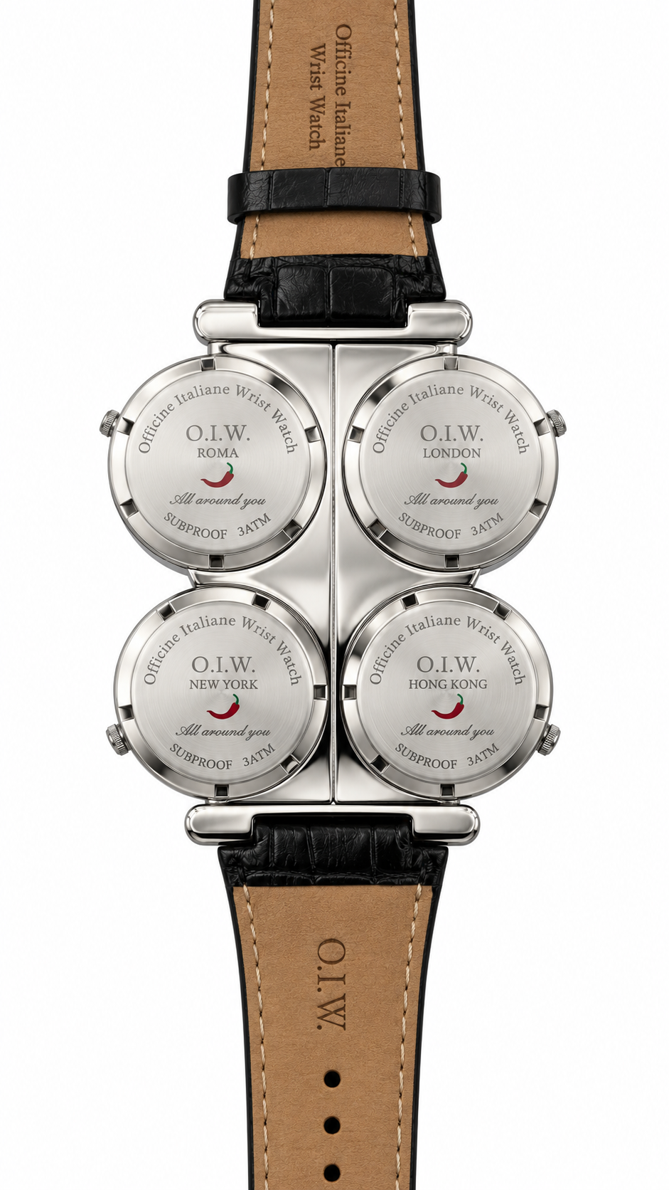 O.I.W. — Orologio 4 Fusi Orari Quadruplo Quadrante Roma London New York Korea Cinturino Nero