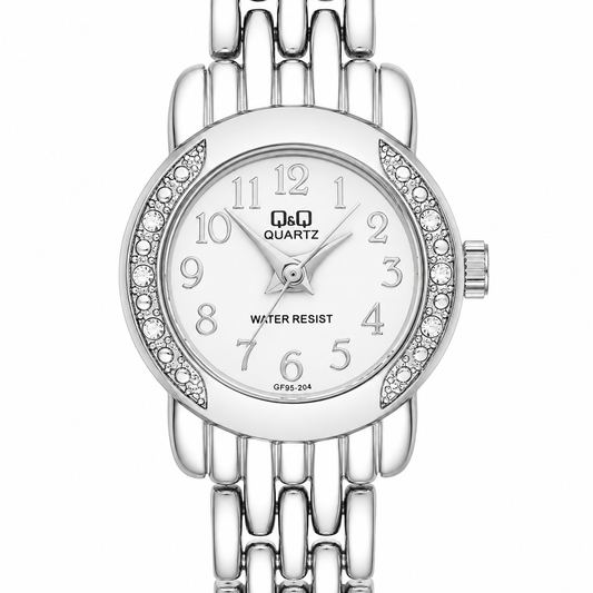 Q&Q Quartz Orologio Donna – Lunetta Cristalli Asimmetrici Quadrante Bianco Bracciale Acciaio WR