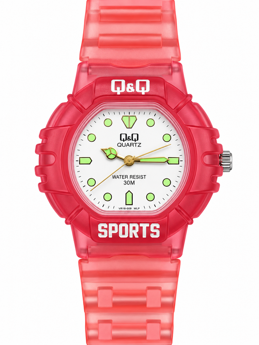 Orologio Q&Q Sports rosso traslucido con quadrante bianco e indici verdi