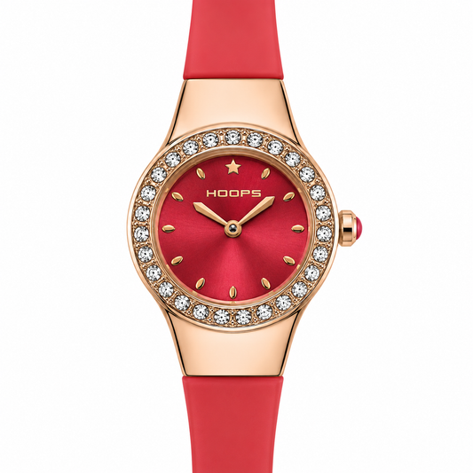 Hoops – Orologio Donna Rose Gold Quadrante Rosso Lunetta Cristalli Cinturino Silicone