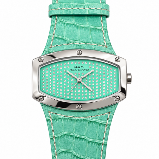 M&M Primo Emporio – Orologio Donna Barrel Pavé Cristalli Cinturino Coccodrillo | Verde Acqua, Rosso, Giallo o Rosa