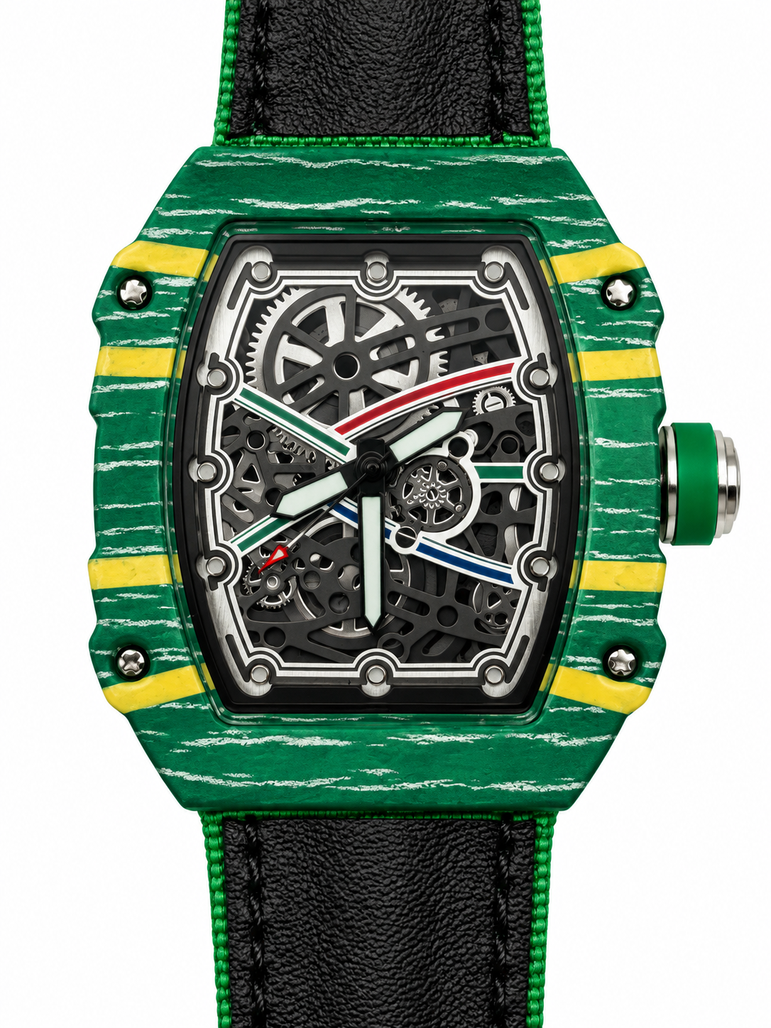 Orologio con cassa verde tonneau a fasce gialle e striature chiare, quadrante scuro e cinturino nero bordato di verde