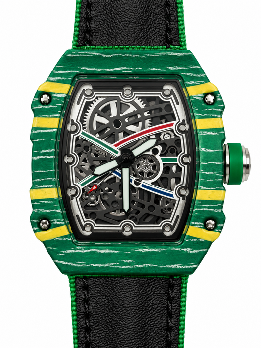 Orologio con cassa verde tonneau a fasce gialle e striature chiare, quadrante scuro e cinturino nero bordato di verde