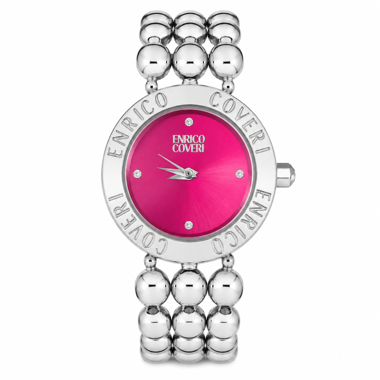 Enrico Coveri orologio donna cassa rotonda acciaio silver con lunetta incisa, quadrante fucsia con cristalli e bracciale a sfere in acciaio lucido
