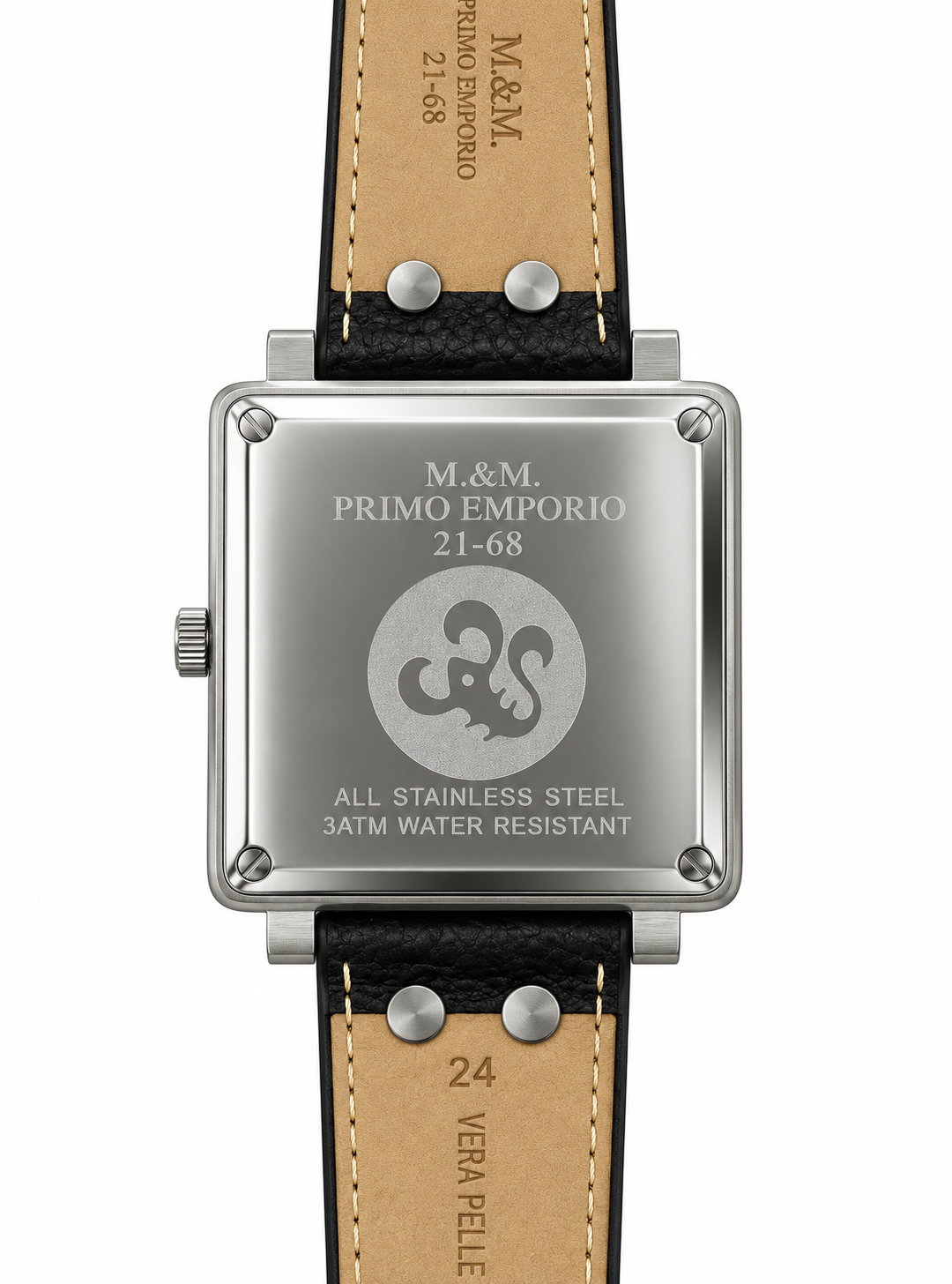 M&M Primo Emporio 21-68 – Orologio Uomo Quadrato Carbonio Piccoli Secondi, Cassa Trasparente o Nera