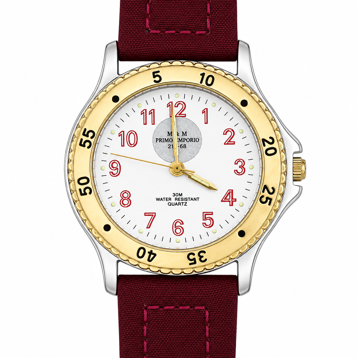 M.&M. Primo Emporio 21-68 – Orologio Uomo Sport Bezel Dorato Numeri Rossi Cinturino Tessuto 30M