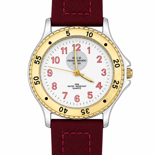 M.&M. Primo Emporio 21-68 – Orologio Uomo Sport Bezel Dorato Numeri Rossi Cinturino Tessuto 30M