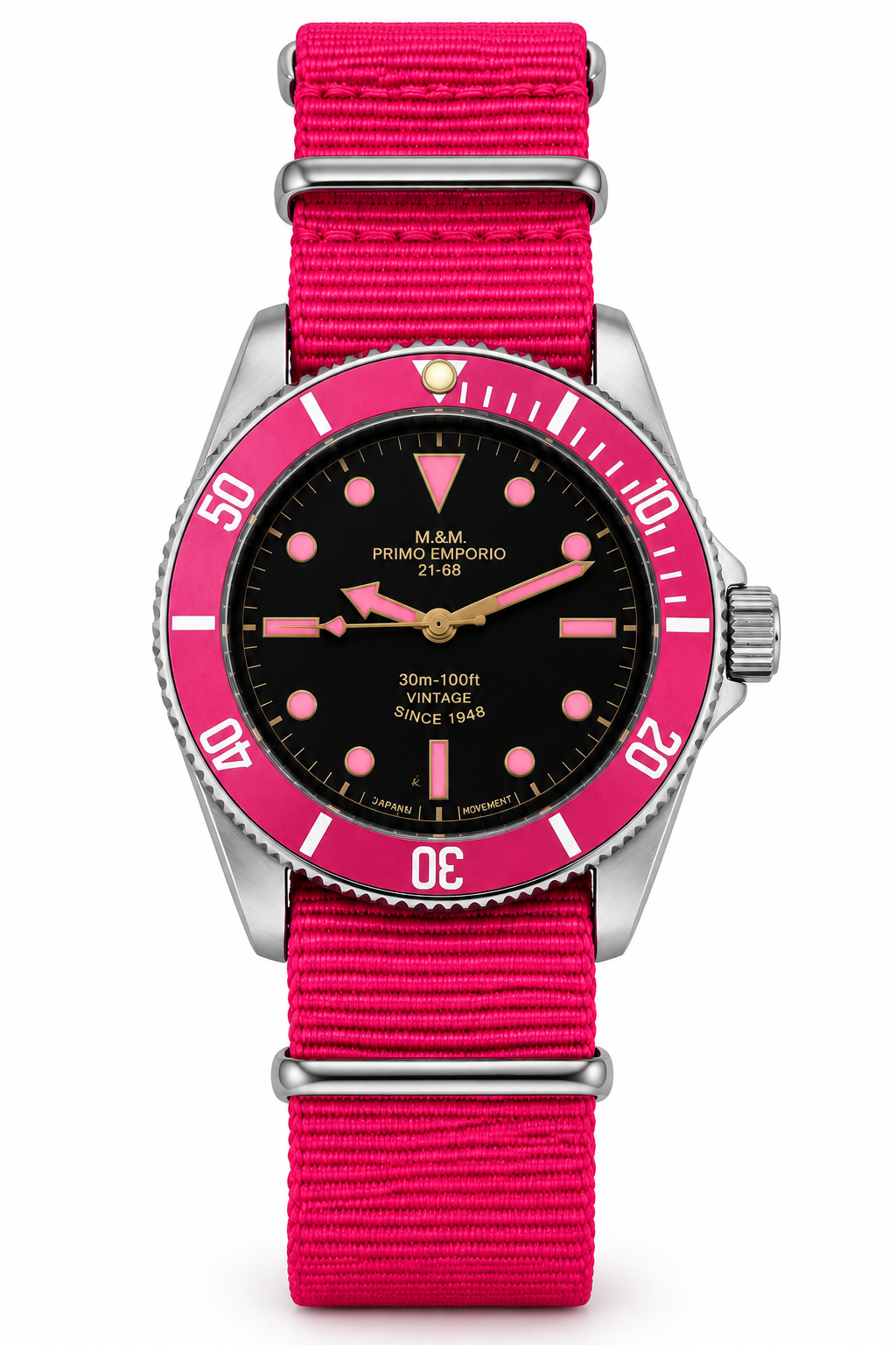 M&M Primo Emporio Diver 21-68 – Orologio Diver Vintage Limited Edition | Cinturino NATO Verde, Rosa Scuro o Marrone