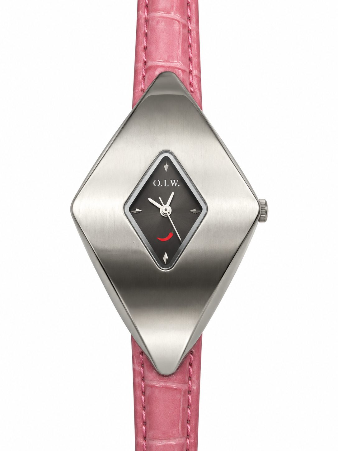 Orologio O.I.W. a rombo argentato con quadrante nero e cinturino rosa