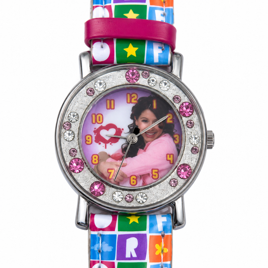 Orologio bambina FLOR con quadrante fotografico, cristalli rosa e cinturino multicolore