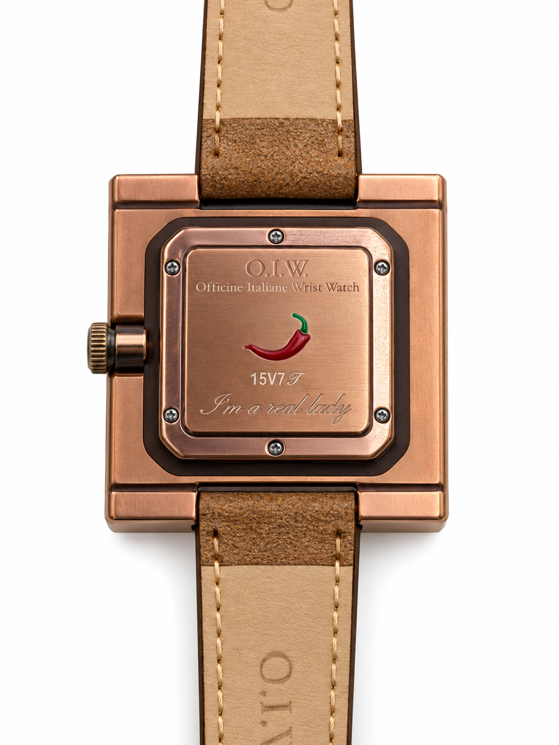 Orologio O.I.W. quadrato ramato con quadrante marrone e cinturino cognac