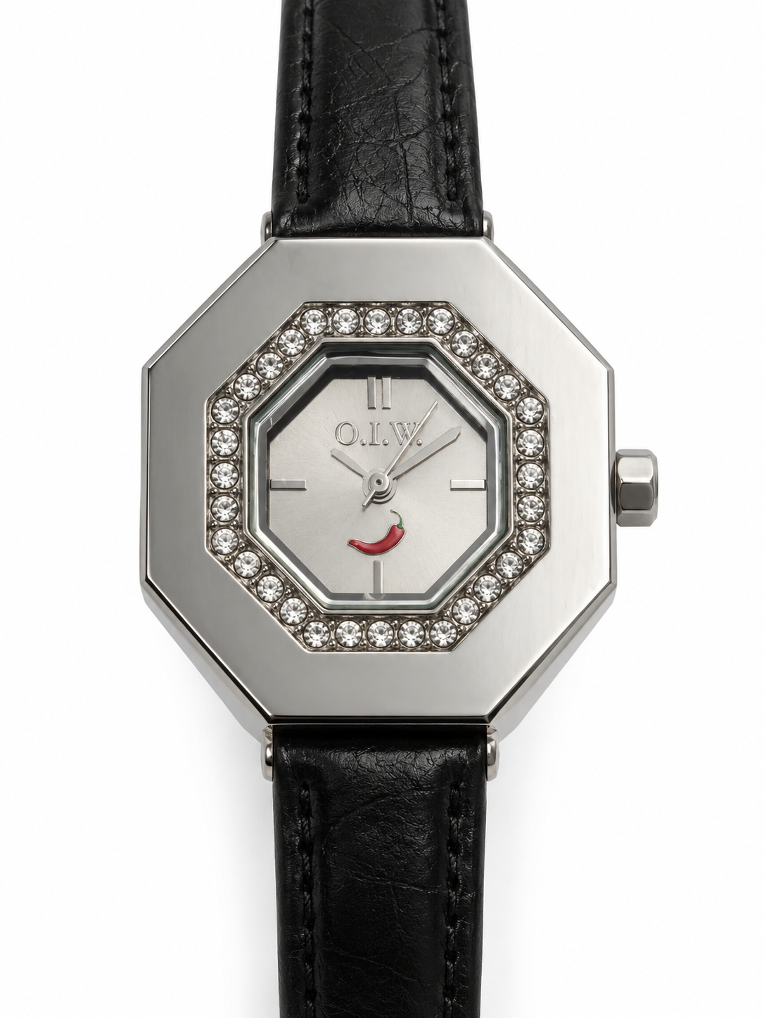 Orologio O.I.W. ottagonale argentato con pietre chiare e cinturino nero