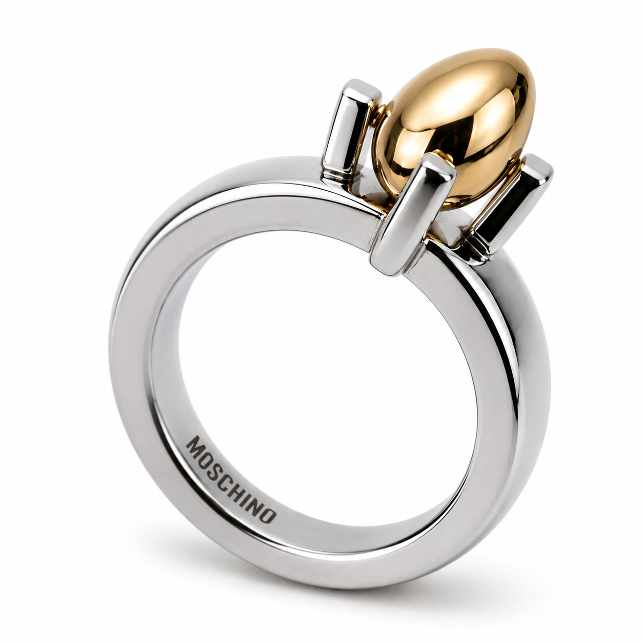 Moschino – Anello Uovo Dorato su Fascia Acciaio Lucido Bicolor