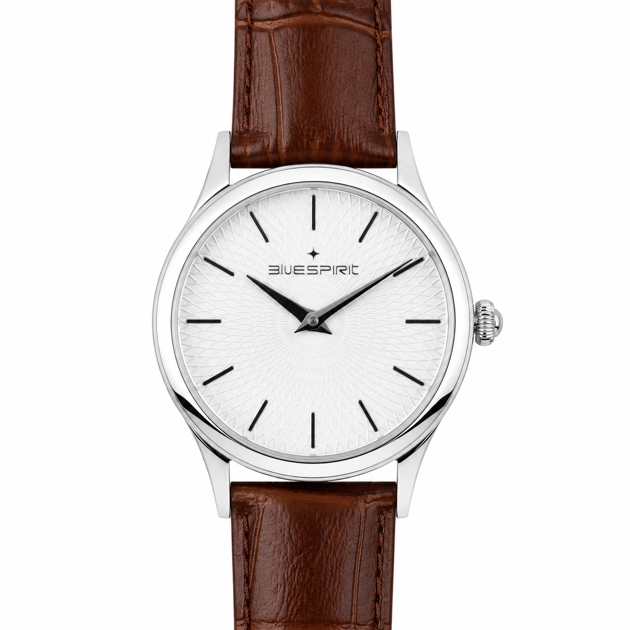 Blue Spirit Slim Watch – Quadrante Bianco Guilloché, Cassa Silver Sottile e Cinturino in Pelle Marrone Coccodrillo