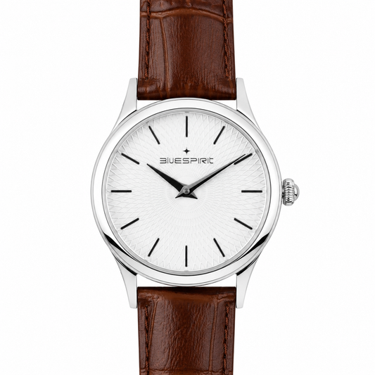 Blue Spirit Slim Watch – Quadrante Bianco Guilloché, Cassa Silver Sottile e Cinturino in Pelle Marrone Coccodrillo