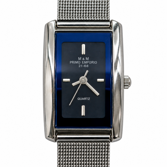 Orologio M&M Primo Emporio rettangolare con quadrante blu e bracciale a maglia