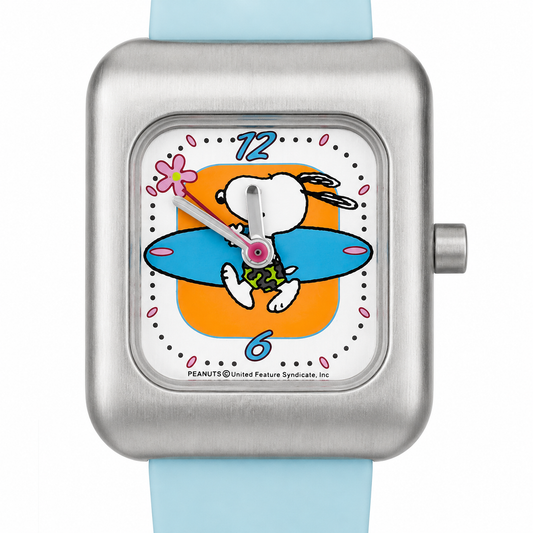 Peanuts Snoopy Orologio – Surfer Edition Cassa Squadrata Acciaio Cinturino Azzurro