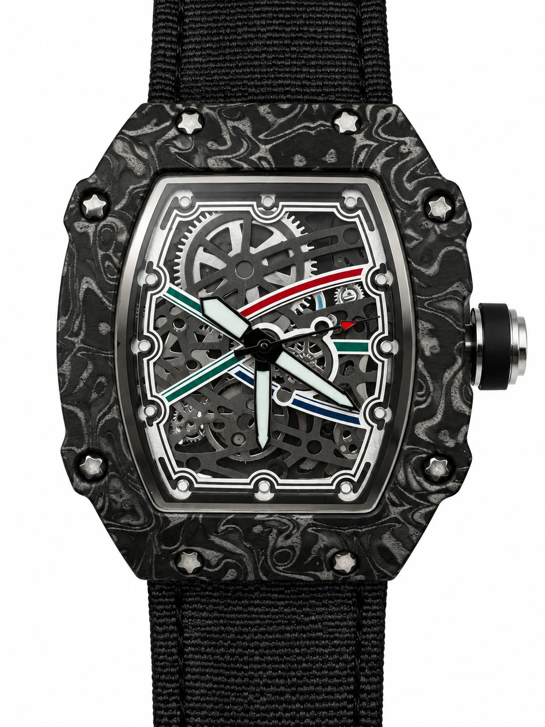 Orologio con cassa nera tonneau decorata con motivi grigi, cinturino nero intrecciato e quadrante scuro con dettagli multicolore