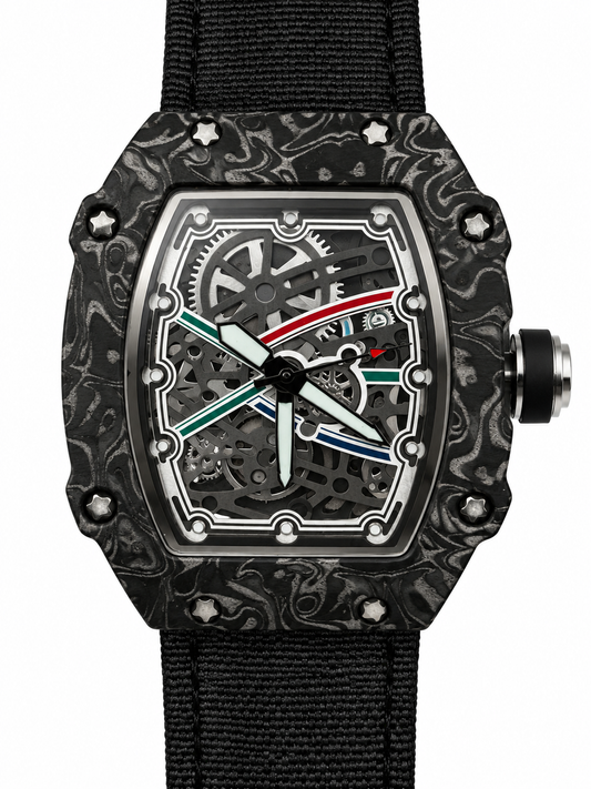 Orologio con cassa nera tonneau decorata con motivi grigi, cinturino nero intrecciato e quadrante scuro con dettagli multicolore