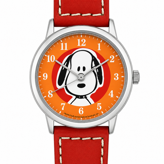 Peanuts Snoopy Orologio Unisex Quadrante Arancione Cinturino Rosso Licenza Ufficiale