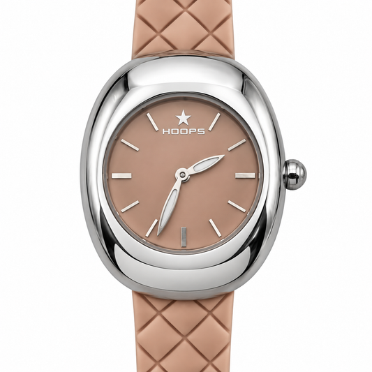 Orologio Hoops con cassa ovale argentata lucida, quadrante nude rosato e cinturino nude decorato a rombi