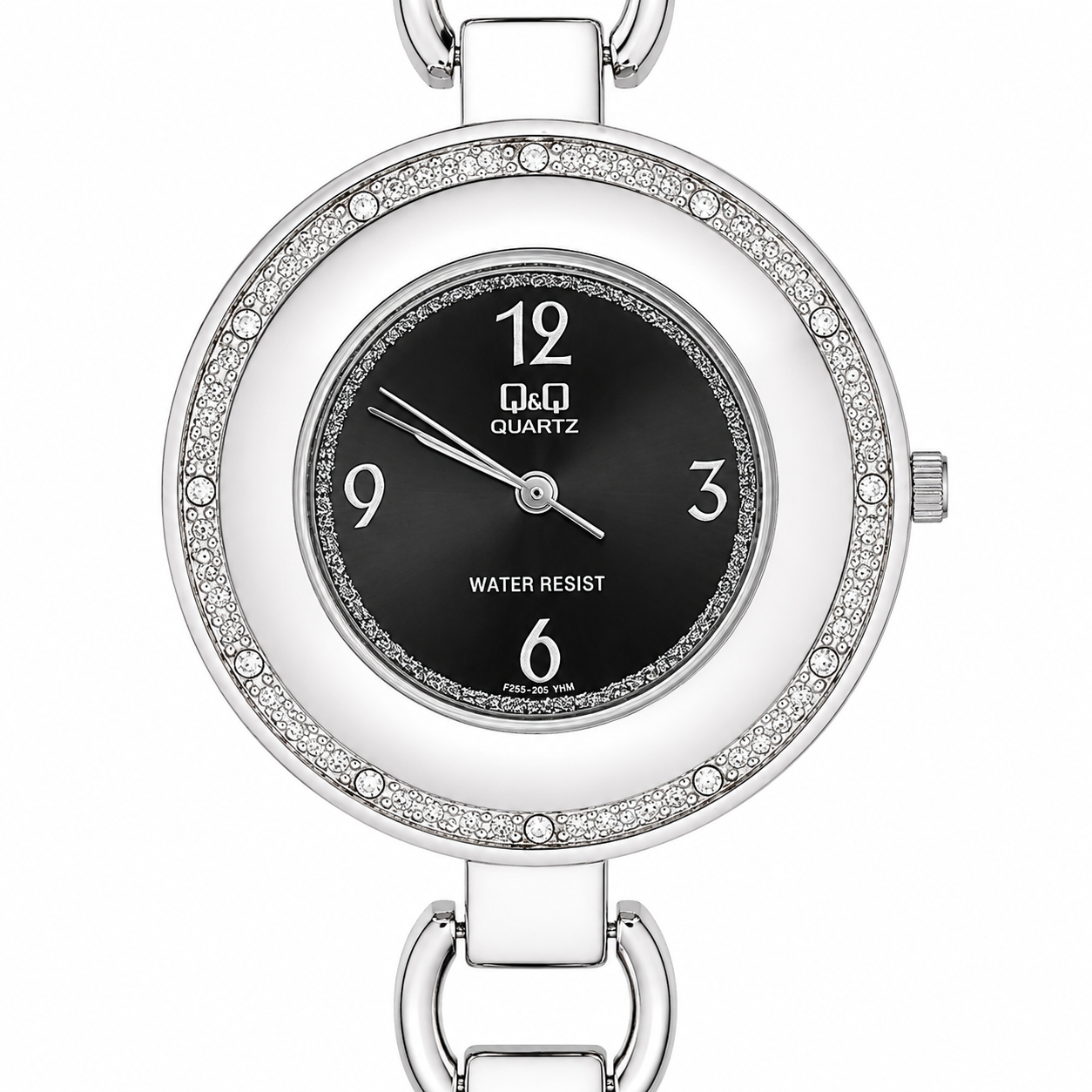 Q&Q Quartz Orologio Donna – Doppio Anello Cristalli Quadrante Nero Bracciale Acciaio Water Resist