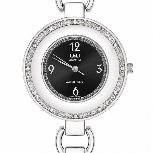 Q&Q Quartz Orologio Donna – Doppio Anello Cristalli Quadrante Nero Bracciale Acciaio Water Resist