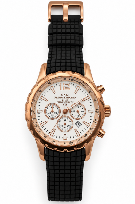 M.&M. VIP Primo Emporio 21-58 — Cronografo Uomo Rose Gold Tachimetro Quadrante Bianco Cinturino Gomma Nero