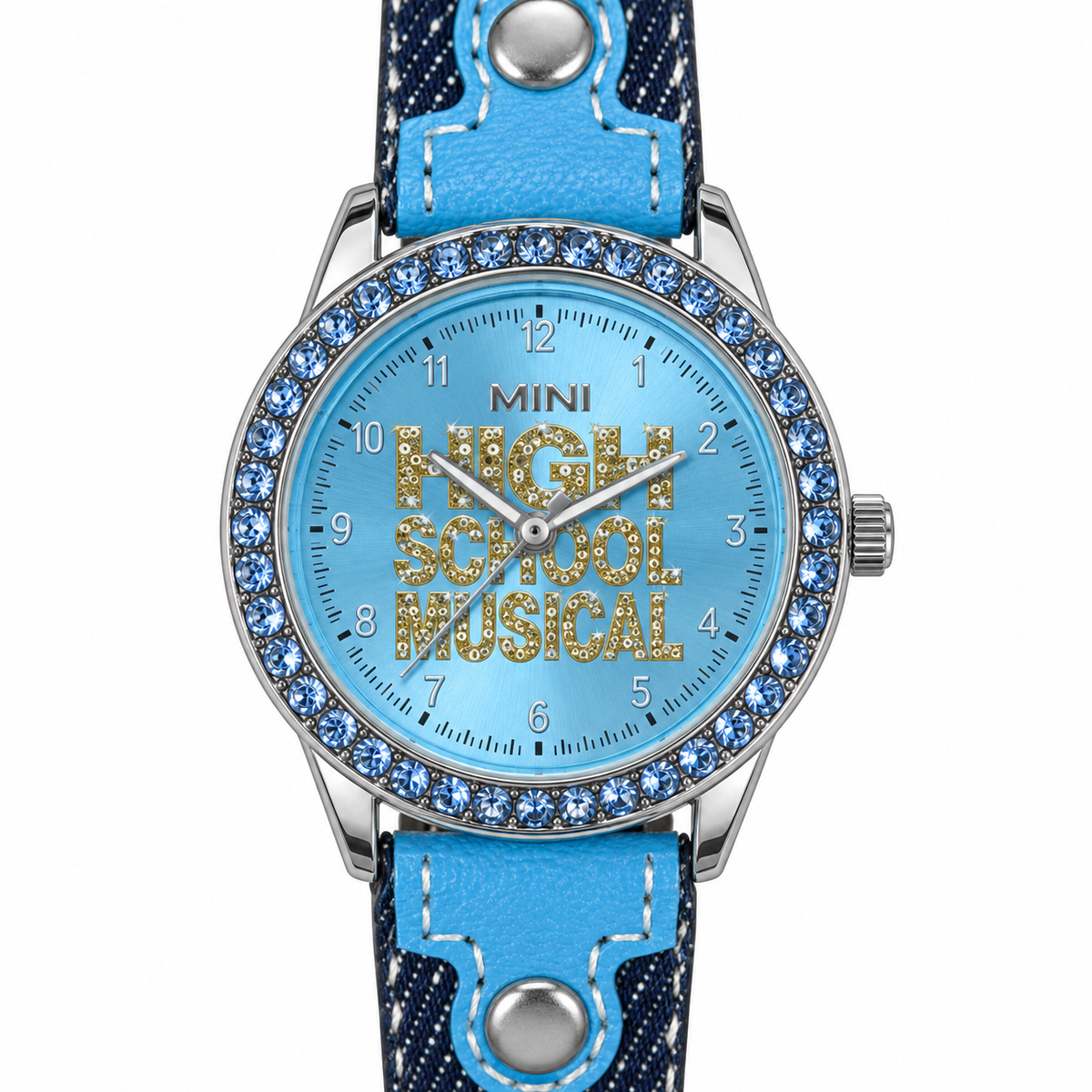 Orologio Mini Miniature High School Musical con quadrante azzurro, cristalli blu e cinturino effetto denim