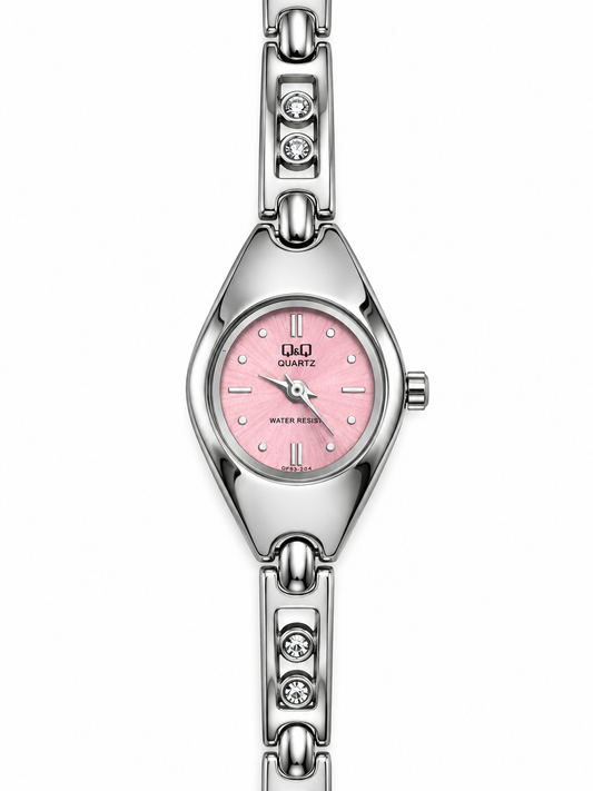 Orologio Q&Q con quadrante rosa e bracciale argentato con punti luce