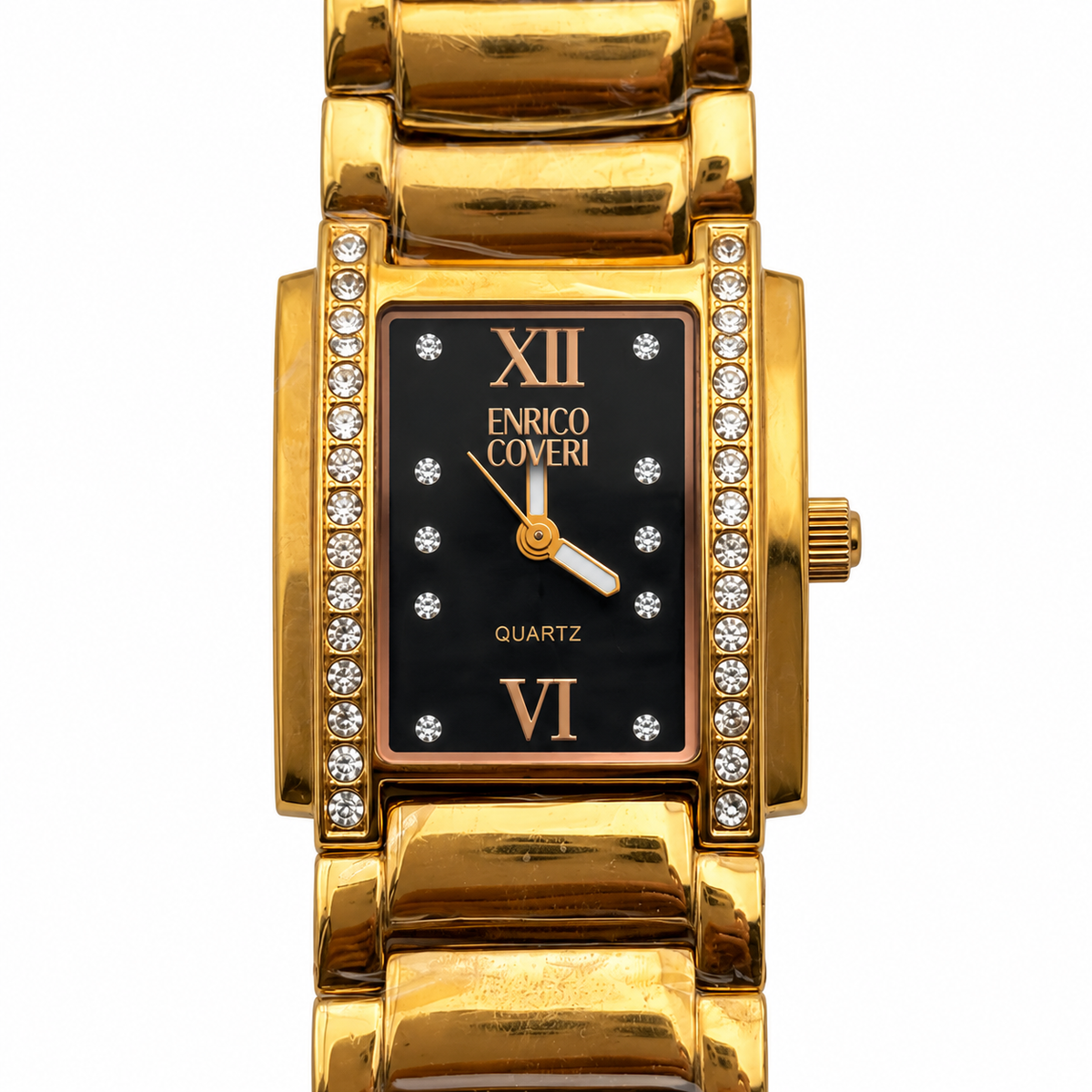 Enrico Coveri – Orologio Donna Rettangolare Gold Quadrante Nero e Cristalli