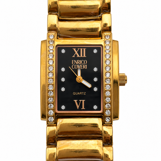 Enrico Coveri – Orologio Donna Rettangolare Gold Quadrante Nero e Cristalli