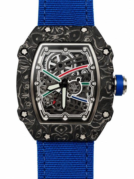 Orologio con cassa nera tonneau decorata con motivi grigi, quadrante scuro con dettagli multicolore e cinturino blu