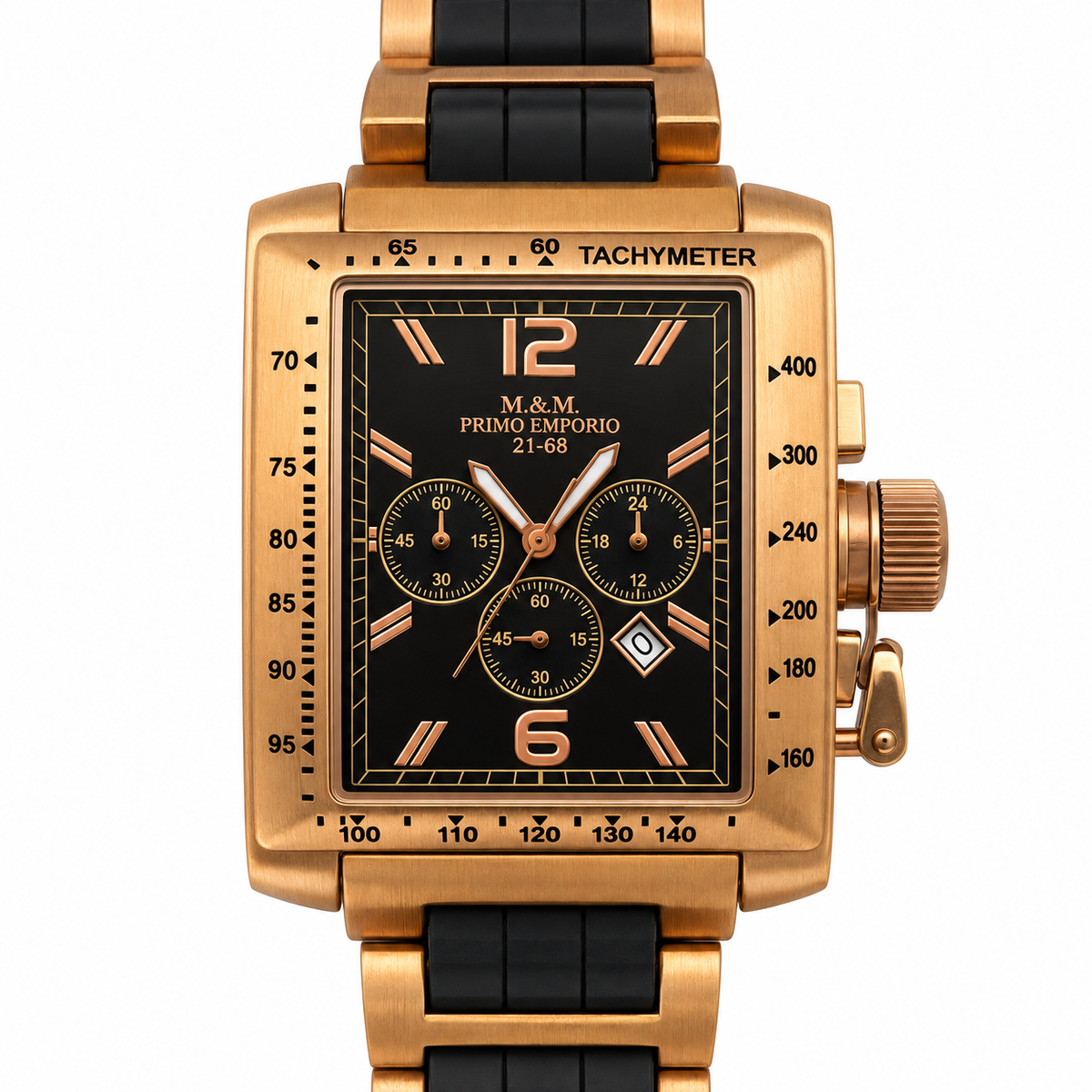 Cronografo M&M Primo Emporio rettangolare oro rosa e nero – Geometrie di carattere