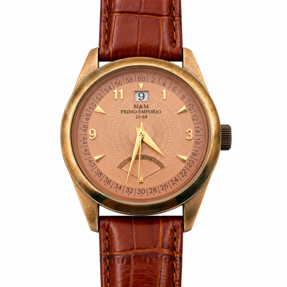 M&M Primo Emporio 21-68 orologio uomo vintage bronzo quadrante salmone cinturino pelle fronte