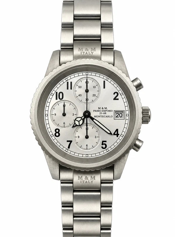 M&M Primo Emporio 21-68 Montecarlo – Orologio Uomo Cronografo Acciaio Swiss Movt con Data, Quadrante Bianco o Nero