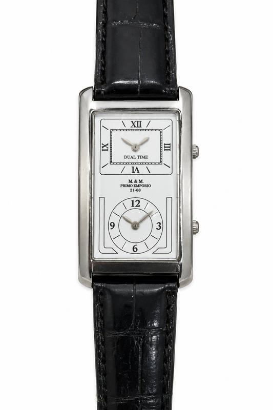 M.&M. Primo Emporio 21-68 Dual Time cassa rettangolare acciaio cinturino pelle nera coccodrillo