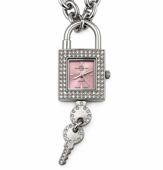 Collana orologio M&M Primo Emporio con lucchetto e chiave – Rosa e bianco, Segreti di luce