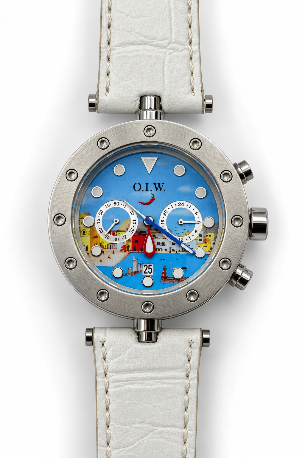 O.I.W. Officine Italiane Watch Cronografo Porto Mediterraneo Quadrante Dipinto Pelle Bianca