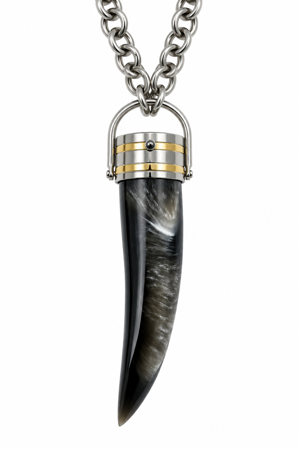 Collana Statement Pendente Corno Pietra Nera Marmorizzata Catena Rolo Argento Antico