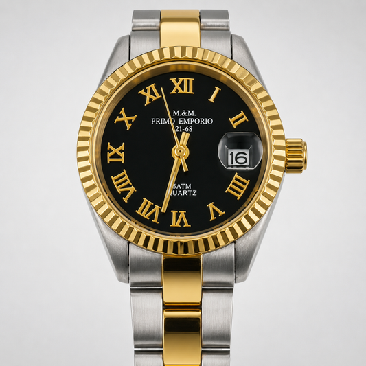 M.&M. Primo Emporio 21-68 orologio donna bicolore oro e acciaio con quadrante nero laccato e indici romani dorati