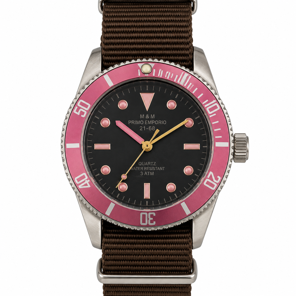 M&M Primo Emporio Diver 21-68 – Orologio Diver Vintage Limited Edition | Cinturino NATO Verde, Rosa Scuro o Marrone