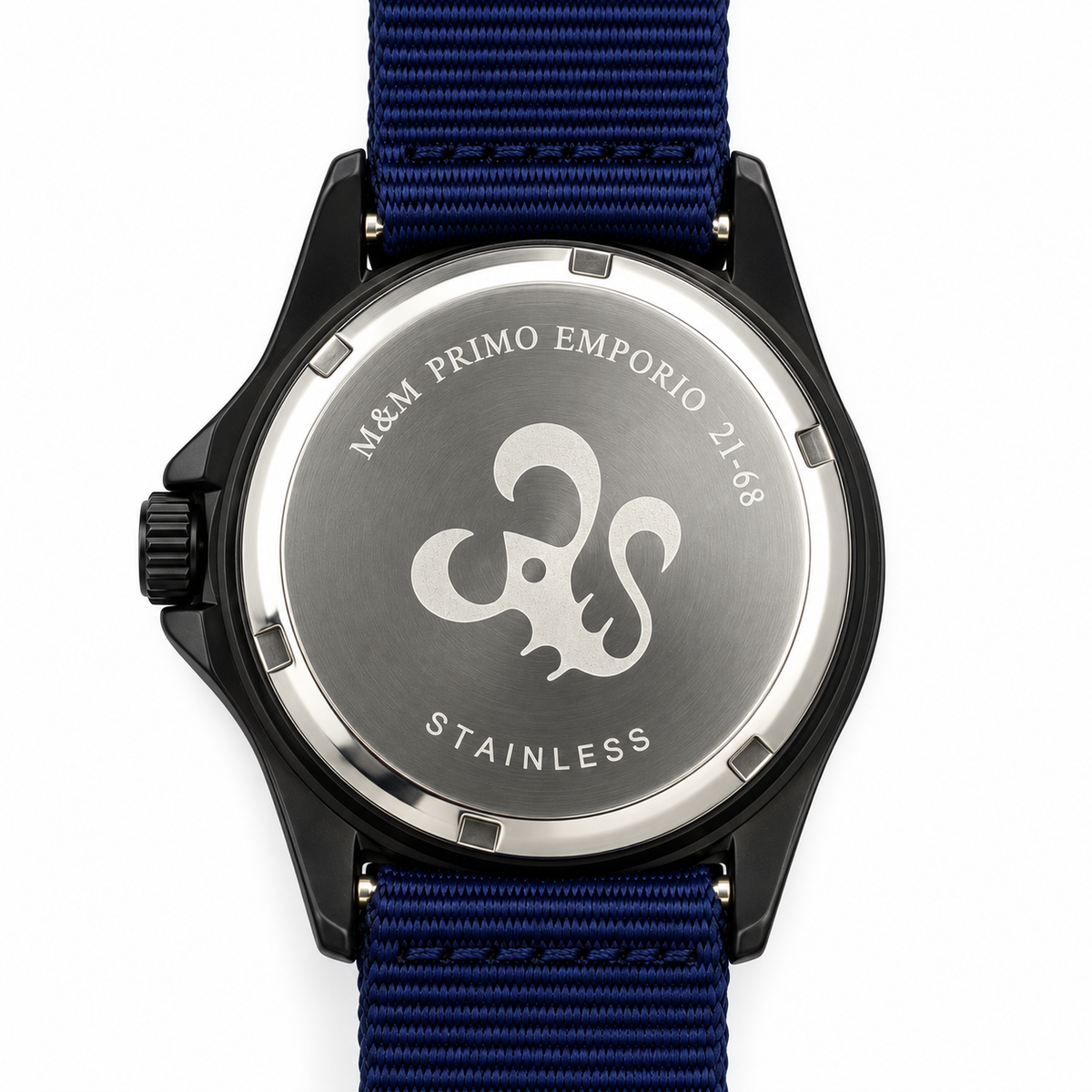 Orologio M&M Primo Emporio nero con ancora e cinturino in tessuto blu