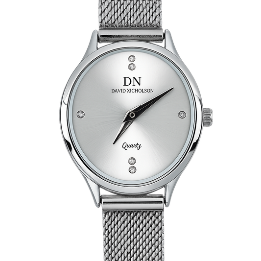 David Nicholson DN – Orologio Donna Quarzo Total Silver Quadrante Argento con Cristalli e Bracciale Mesh